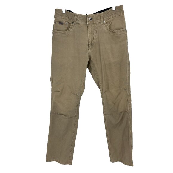 Kuhl Men 34 Kanvus Jean Pants Hiking Outdoor Active Straight Leg Tan Distressed